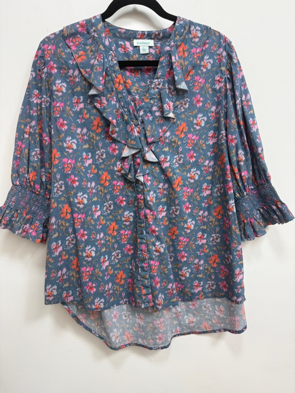 Sundance Blue Floral Ruffle Front Blouse with Pink & Orange Accents
